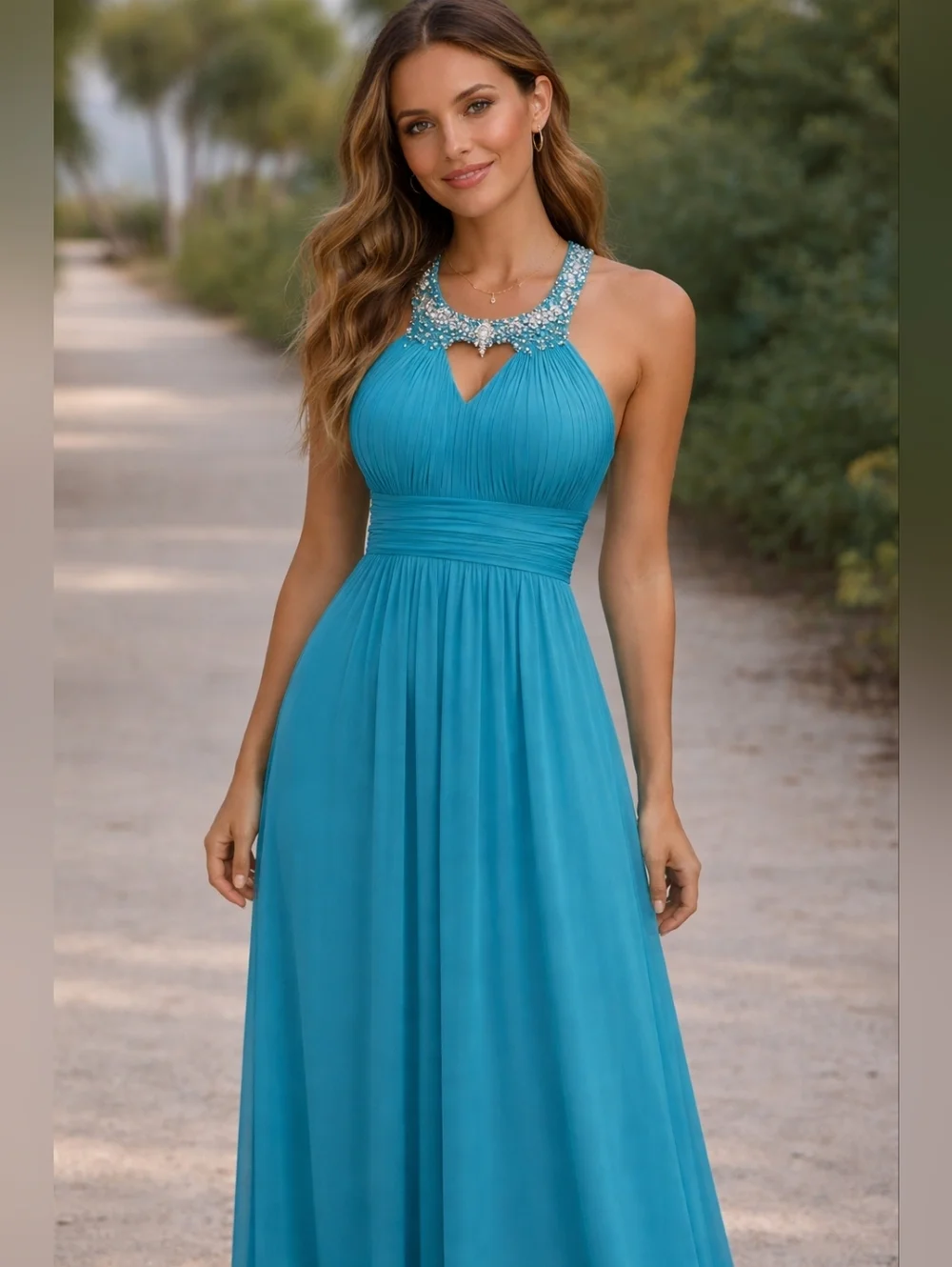 City Studio Dress Womens Size 1 Teal Maxi Gown Beaded Neck Empire Waist - Picture 1 of 5